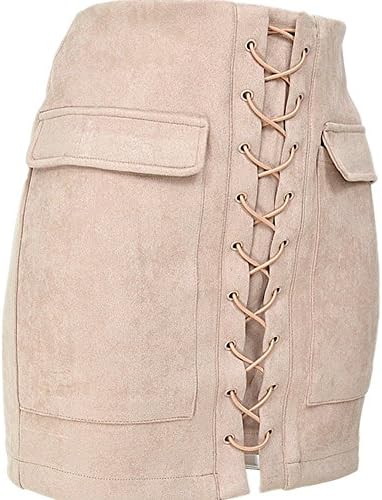 Ajclub Women's Sexy Vintage Lace Up High Waist Bodycon Faux Suede Mini Skirt (M, Beige)