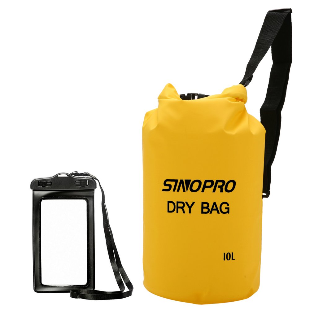 SinoPro Waterproof Dry Bags + Waterproof Waist Pouch, Perfect for Kayaking / Boating / Canoeing / Fishing / Rafting / Swimming / Camping / Snowboarding (Yellow, 10L)