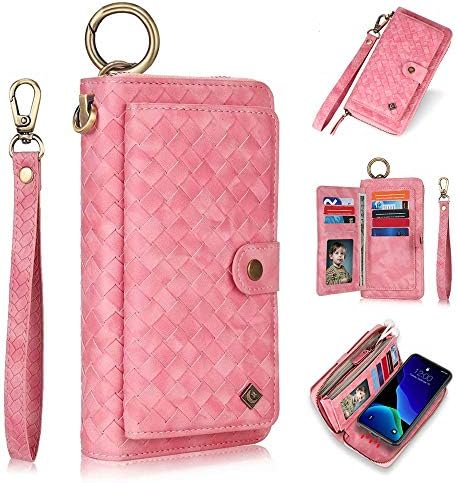 iPhone 11 Pro Max Case,HuiFlying Handmade Weave Pattern Leather Zipper Pocket Wallet Handbag with[Card Slots][Stand][Magnetic Detachable][Wrist Strap][Hang Ring] for Apple iPhone 11 Pro Max (Rose Red)