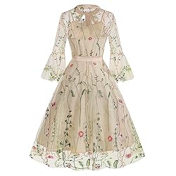 Bow Tie Neck Floral Embroidery Illusion Dress for