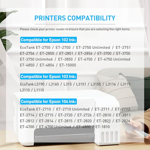 BAISINE 104 Ink Compatible with Epson 104 102 Multipack Ink for Epson Ecotank ET-2870 ET-2862 ET-2851 ET-4800 ET-2850 ET-15000 ET-1810 ET-2710 ET-2720 ET-28810 ET-2820 ET-2860 ET-3850