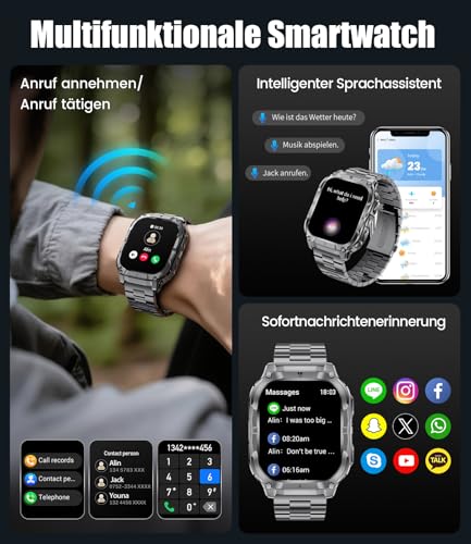 LIGE Military Smartwatch Men's with 1000 mAh Battery/Phone Function, 2.0 Inch HD Touchscreen Fitness Watch with Heart Rate/Sleep Monitor/200+ Sports Modes, IP68 Waterproof Sports Watch for Android iOS, 3 Wristbands