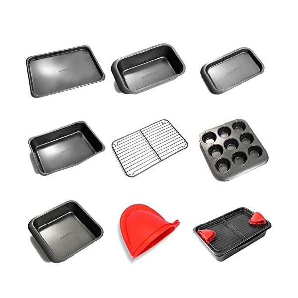 9-Piece-Smart-Space-Baking-Tray-Set-by-ScottWhite-Non-Stick-Free-Silicone-Oven-Mitts-Easy-Clean-Stackable-Bakeware-Set-Easy-Handle-Cooling-Grid-Muffin-Tray-Cake-Tin-Loaf-Tin-Roasting-Tray 9-Piece Smart Space Baking Tray Set by Scott&White - Non Stick, Free Silicone Oven Mitts, Easy Clean, Stackable Bakeware Set, Easy Handle, Cooling Grid, Muffin Tray, Cake Tin, Loaf Tin, Roasting Tray