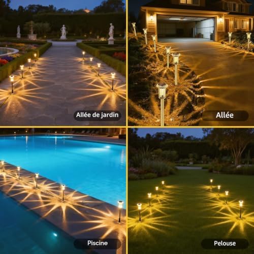 Lampes solaires de jardin LED, lot de 6 lampes solaires blanc chaud, étanches IP44, pour pelouse, jardin et terrasse. Idéales pour l'extérieur.