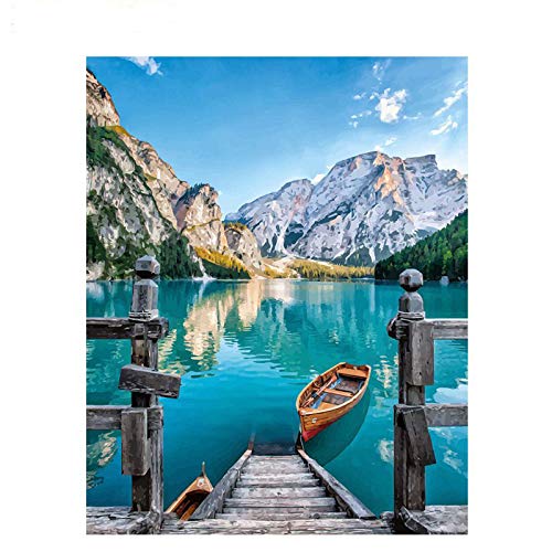Toria Arts & Crafts DIY Painting by Numbers on canvas with (40x50cm) frame (Turquoise Lakeside Boat and Snow Mountains)