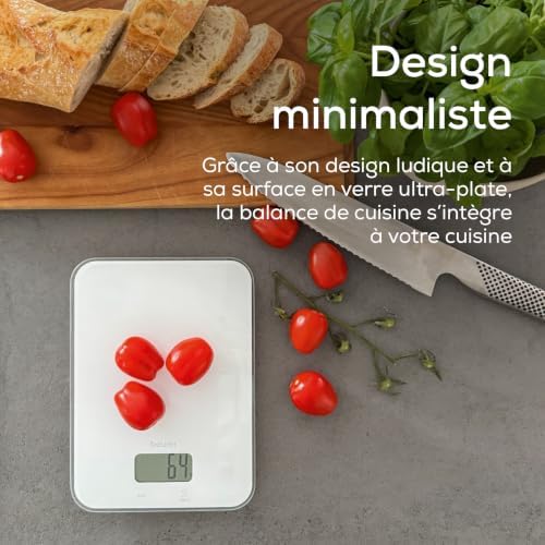KS 19 Pure White balance de cuisine numérique, capacité de charge jusqu'à 5 kg (graduation précise au gramme près), avec commande tactile par capteur, balance alimentaire incl. piles, blanc