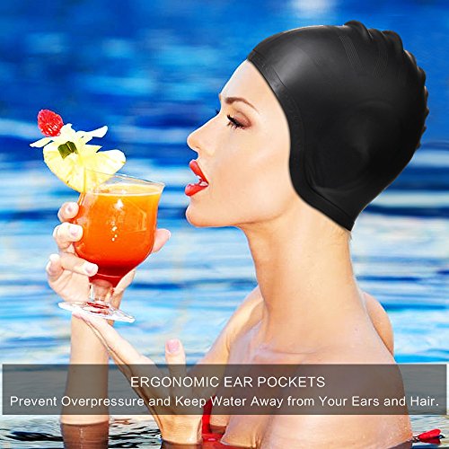 Hurdilen Swim Cap, Premium Silicone Swimming Cap with Earplugs & Nose Clips,3D Ergonomic Design Ear Pockets,Flexible Reversible for Adults Women Men (Black)