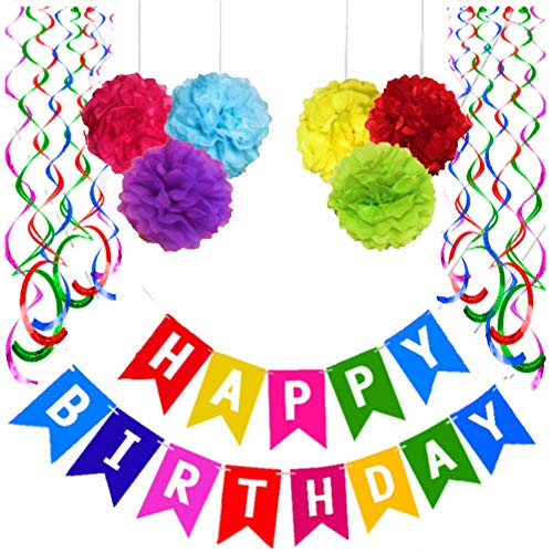 image for YOFEY1 Colorful Happy Birthday Banner, With 6 Tissue Pom Pom Color Pin