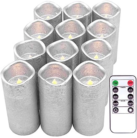 DRomance Flameless Flickering Candles with Remote and Timer, Battery Operated LED Silver Candles Real Wax Warm Light Wedding Dinner Party Christmas Decoration(Set of 12, 2.2"D x 5"H)
