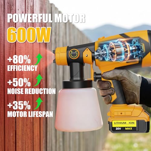 RAYLEEY Cordless Paint Sprayer Compatible with DEWALT 18V Battery, 600W Electric HVLP Spray Gun, 1000ml Container, 3 Copper Nozzles, for Fences, Walls, Ceiling, Cabinets, Tool Only (Style A)