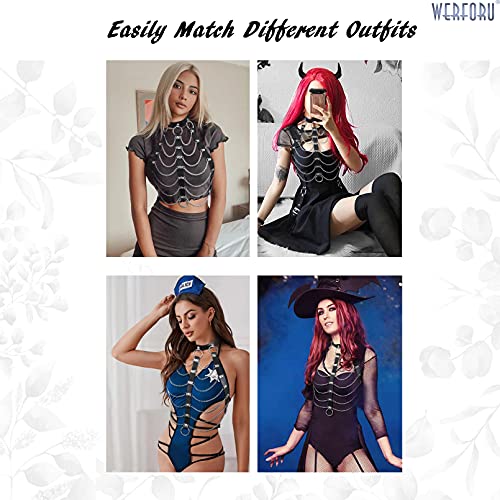 WERFORU Women Black Punk Layered Body Chain Tassel Belt PU Leather Choker Halloween，Fit neck circumference up to 16\