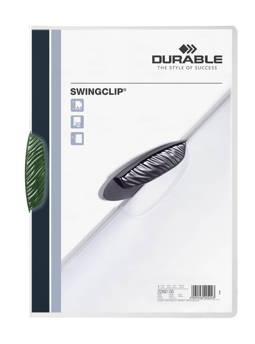 Durable 226005 Clip Folder SwingClip made of PP, Up to 30 Sheets A4, Green, Pack of 25