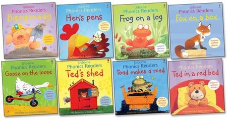 Usborne Phonics Readers Pack - Eight (8) Titles Collection! Big Pig on a Dig, Fox on a Box, Frog on a Log, Goose on the Loose, Hen's Pens, Ted in a Red Bed, Ted's Shed, Toad Makes a Road (Usbornic Readers)