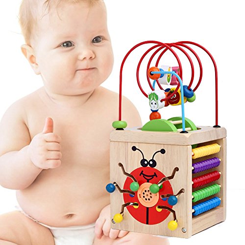 Wooden Activity Cube 6 in 1 Multi-activity Box Educational Toy for Toddlers Bead Maze Cube Activity Center,Christmas Gift for Kids by Cosihomu