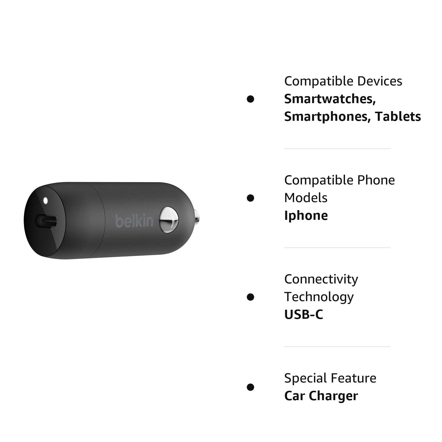 Belkin USB-C Fast Car Charger 20W-Black (iPhone Fast Charger Compatible with iPhone 12 Pro Max/12/12 Pro/ 12 Mini, Samsung Galaxy S20, S20+, S20 Ultra, Note20, Google Pixel and More) (CCA003bt)