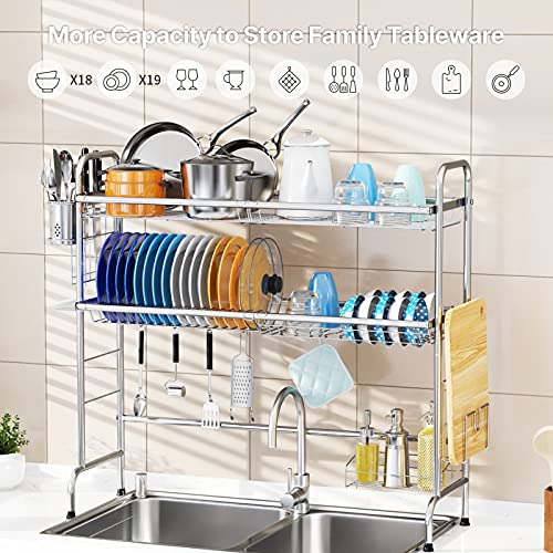 Over The Sink Dish Drying Rack - iSPECLE Stainless Steel 2 Tier Dish Rack Large Above Sink Drying Rack Kitchen Sink Shelf, Silver