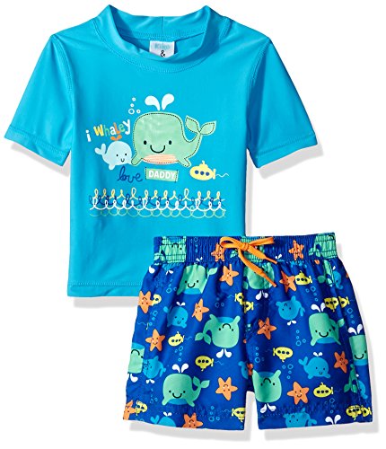 Kiko & Max Baby Boys Set With Short Sleeve Rashguard Swim Shirt, Blue Whales, 18M