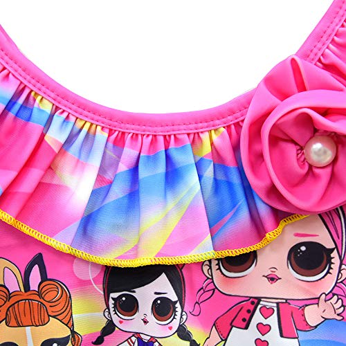 Rohero Toddler Baby Girls Swimsuits Doll Print Ruffle Tulle Swimwear Bathing Suit for Doll Surprised (140cm/ 7-8Y, Rose)