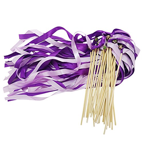 Hangnuo 30 Pack Ribbon Wands Wedding Streamers with Bells, Fairy Stick Wand Party Favors for Baby Shower Holiday Celebration, Double Purple