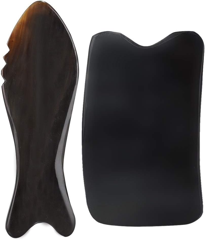 Rockyin Ox Horn Scraping Board Face Massage Pain Relief Gua Sha Tool (Square Slice+Wave Fish Shape)