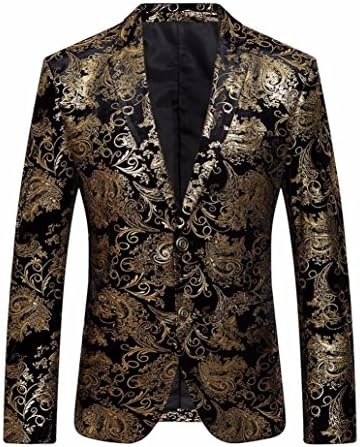 Kixing TM Fashion Men's Dress Floral Suit Notched Lapel Slim Fit Stylish Blazer Coat Jacket (Gold, M)