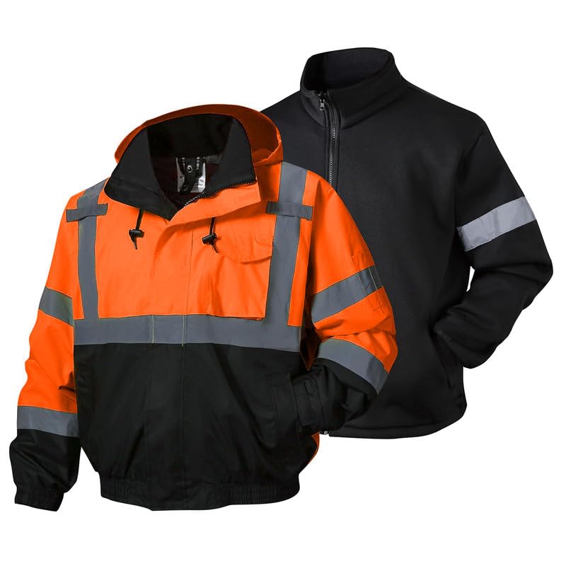 SKSAFETY 3-in-1 High Visibility Winter Bomber Jackets Zip Out Fleece Liner Reflective Safety Coats for men Waterproof ANSI/ISEA Class 3(Orange 5XL) Image