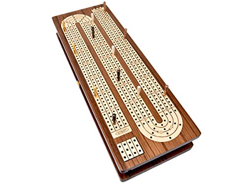 House of Cribbage - Continuous Cribbage Board Inlaid in Teak Wood / Maple Wood - 4 Track - Separate Storage Space for Two Deck of Cards & Pegs