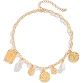 Vintage Baroque Coin Medallion Charm Necklace For Women Gold Paperclip Chain With Irregular Pearl Dangles Retro Statement Layering Jewelry Boho Aesthetic