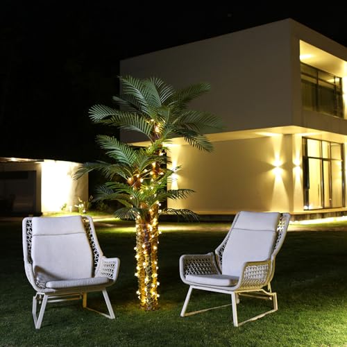 SOGUYI 8ft Outdoor Artificial Palm Tree - UV Resistant Tall Fake Tropical Golden Cane Plant for Patio, Poolside, Lawn, Indoor Decor - Large Faux Palm Tree, Set of 1