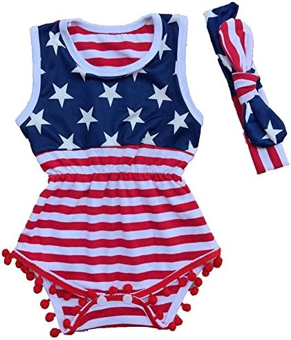 Kingte Baby Girls Independence Day USA Flag Tassel Romper +Headband America July 4th (12-24M, Flag)