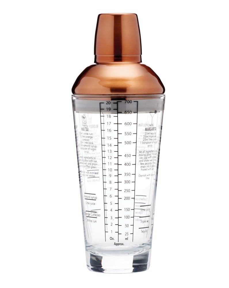 BarCraft BCLLBOSTON700 Recipe Cocktail Shaker with Measurements, Glass / Stainless Steel, Copper Finish, 650 ml
