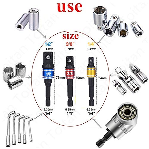 Right Angle Drill 105 Degree Right Angle Screwdriver set Drill Hex Bit Socket Adapter,Right Angle Drill,3Pcs 1/4" 3/8" 1/2" Cr-V Hex Shank Impact Grade Driver Socket Adapter/Extension Set Drill Bit