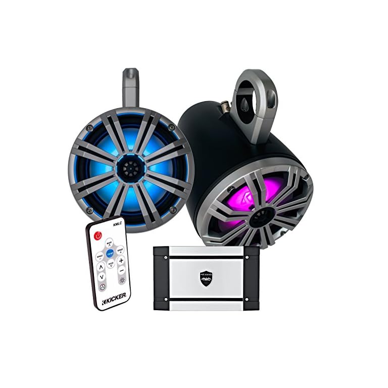 Kicker Marine 8″ Black Tower System, 8″ Silver Kicker KM Coaxial Speakers, Wet Sounds HT4 Amp