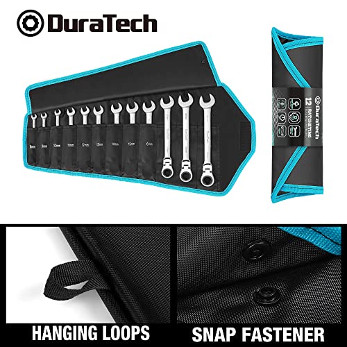 DURATECH Flex-Head Ratchet Spanner Set, 72-Tooth Combination Wrench | 12-Piece, Metric 8-19mm, Chrome Vanadium Steel, Poll-up Pouch