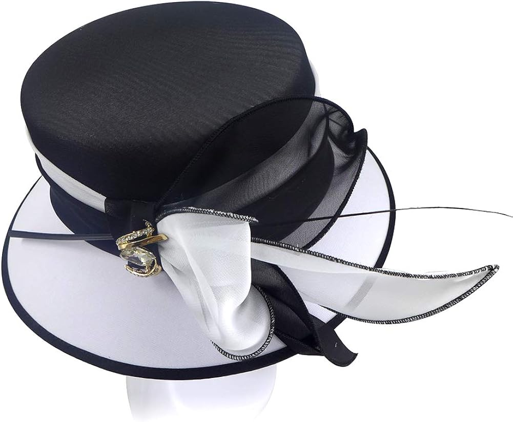 June's Young Women Church Hats Formal Dress Derby Hats with Feather Elegant Bucket Hats (Black/White) at  Women’s Clothing store