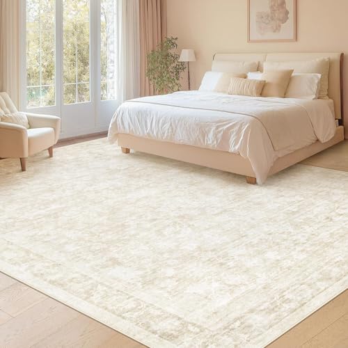 8x10 Area Rugs for Living Room: Washable Large Vintage Floral Rug Low Pile Non-Slip Boho Carpet for Bedroom Dining Home Office (Beige, 8'x10')
