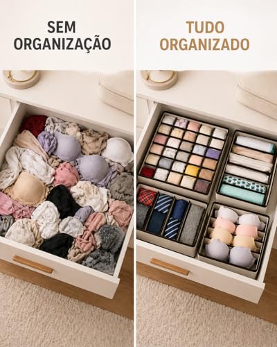 Kit Organizador de Gaveta 4 Peças, TNT Dobrável, com 24, 8, 7 e 6 Divisórias para Roupas Íntimas, Meias e Sutiã (Bege)