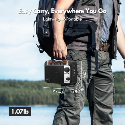 Audiocrazy Portable Radio AM/FM/SW1-2 Multiband Radio with Rechargeable Battery 1800 mAh, AC Cable or Portable FM Radio, Fleece, Speakers, Headphone Jack, AUX Input Black