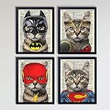 Superhero Cat 4 Piece Set, Bat Cat, Wonder Cat, Super Cat, Lightning Cat Art Prints Kids Bedroom Decor on Vintage Dictionary Book Pages, Children's Room Art 8x10 inches each, Unframed
