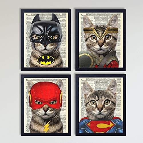 Superhero Cat 4 Piece Set, Bat Cat, Wonder Cat, Super Cat, Lightning Cat Art Prints Kids Bedroom Decor on Vintage Dictionary Book Pages, Children's Room Art 8x10 inches each, Unframed