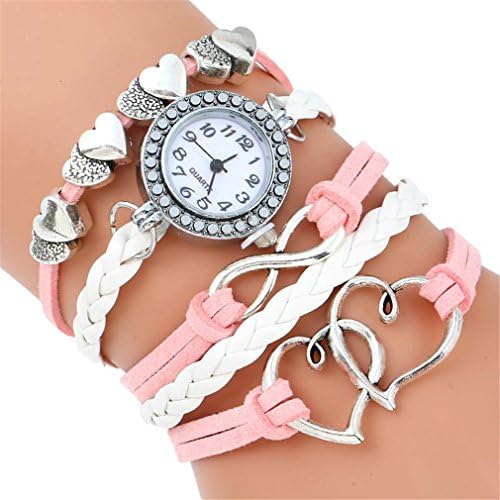 Hearts Parcords Bracelet Women Watch Gift Pu Leather Rhinestone Wristwatch Pink