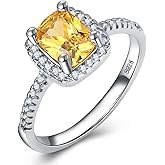QUSIIOSLK 926 Sterling Silver Canary Yellow Halo Square AAA Cubic Zirconia Ring Solitaire Brilliant Princess Cut Citrine Ring Cushion Cut Statement Engagement Ring for Women 6
