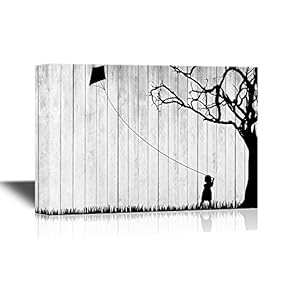 Black and White Canvas Wall Art - Childhood Memory on Wood Style Background | Flying a Kite - Gallery Wrap Modern Home Art | Ready to Hang - 12x18 inches