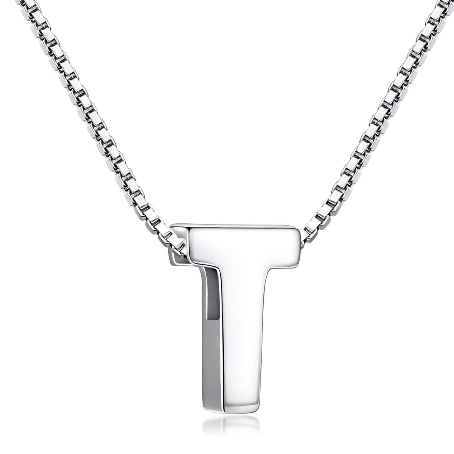 Candyfancy 1.0mm 18 inch 925 Sterling Silver 26 Small Letters Alphabet A-Z Initial Pendant Box Chain Necklace (T with Chain) — image 1