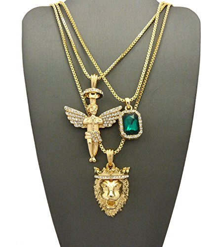 Micro Colorful Gemstone, Angle, Lion Pendant 24",30" Box Chain 3 Necklace Set Gold Tone RC1413G (Green)