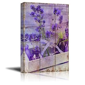 Purple Flowers on a Wooden Box with Jars as Vases Over Wood Panels - Nature - Canvas Art Home Art - 12x18 inches