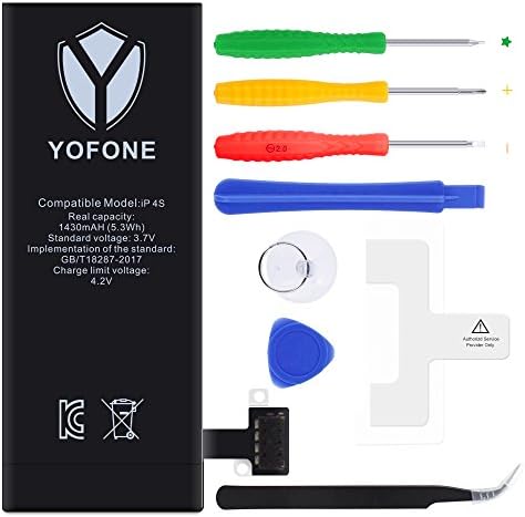 YOFONE Battery for iPhone 4S,with Complete Repair Tools Kit, 2 Pcs Glue Adhesive &amp; Instruction - 1430mAh Li-ion Replacement Battery [365 DAYS Warranty]