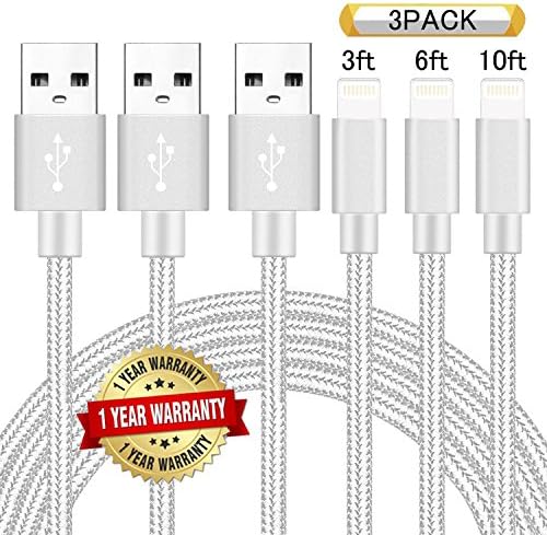 Ulimag Lightning Cable 3Pack 3FT 6FT 10FT Nylon Braided Certified iPhone Cable USB Cord Charging Charger for iPhone X, 8, 8 Plus, 7, 7 Plus, 6s, 6s Plus, 6, 6 Plus, SE, iPad (Silver)