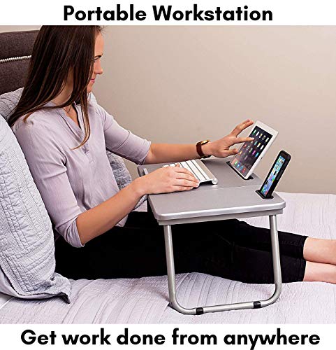 Sofia + Sam Lap Tray with Tablet & Phone Slots - Metal Folding Legs - Lap Desk with Tilting Top - Laptop Stand - Breakfast Serving Bed Tray - Grey - Thumbnail 2