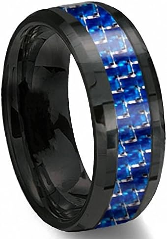 8mm Black Tungsten Ring with Blue &amp; White Line Carbon Fiber Wedding Band Size 6-13 Half Size (6.5)